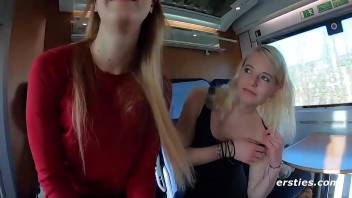 Risky Lesbian sex at public Train